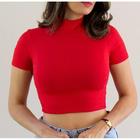 Blusa cropped feminino básico canelado manga curta gola alta sem bojo