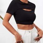 Blusa Cropped feminino canelada decote gota manga curta