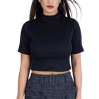 Blusa Cropped feminino canelado básico manga curta gola alta gringa