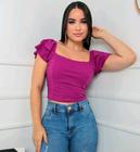 Blusa Cropped feminino canelado ciganinha manga 2 babados moderno