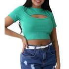 Blusa cropped feminino canelado decote vazado manga curta fashion