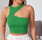 Blusa cropped feminino canelado recorte assimétrico um ombro aberto sem bojo