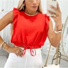 Blusa cropped feminino duna cavada babado elástico e lacinho na cintura novidade feminina