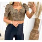 Blusa Cropped feminino onça decote V com bojo manga curta princesa casual