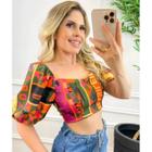 Blusa cropped feminino poliéster estampas sortidas manga curta com bojo blogueira