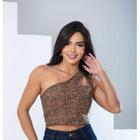 Blusa cropped feminino recorte gota um ombro só regata suplex com bojo fashion