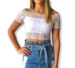 Blusa Cropped feminino renda ombro a ombro com bojo elegante