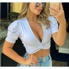 Blusa Cropped feminino transpassada com bojo manga bufante poliéster