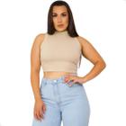 Blusa Cropped Gola Alta Ribana Feminina Casual Confortável