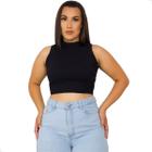 Blusa Cropped Gola Alta Ribana Simples Moda Feminina Casual