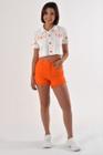 Blusa cropped jeans feminina com botões e bordado em corações laranja