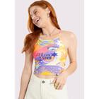 Blusa Cropped Juvenil Feminino em Malha Canelado Estampada