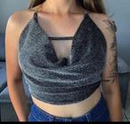 Blusa cropped lurex alça corrente frente unica feminino