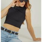 Blusa cropped malha canelada cavada gola alta feminino