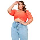 Blusa cropped manga curta bufante decote drapeado laise plus size clássico