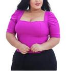 Blusa cropped manga curta princesa plus size decote reto feminina tendência