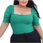 Blusa cropped manga curta princesa plus size decote reto feminino