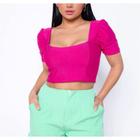 Blusa Cropped manga princesa decote reto poliéster feminino tendência