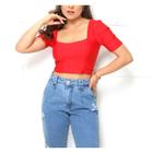 Blusa cropped manga princesa decote reto poliéster novidade feminina