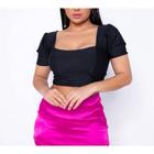 Blusa Cropped manga princesa decote reto poliéster roupa feminina