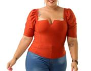 Blusa Cropped plus size decote reto V bufante feminino elegante