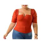 Blusa Cropped plus size decote reto V bufante feminino luxuoso