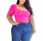 Blusa cropped plus size manga bufante com bojo detalhe no decote poliéster moda feminina