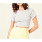 Blusa cropped top feminino básico canelado gola rasa manga curta