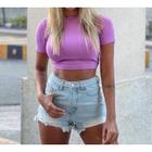 Blusa cropped top feminino básico canelado gola rasa manga curta moda blogueira