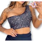 Blusa cropped top paetê um ombro só com bojo feminino