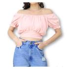 Blusa cropped top viscose manga ciganinha bufante com amarração atrás feminino