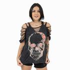 Blusa Customizada Marmorizada Caveira Flores Feminina