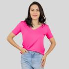 Blusa Feminina Básica Manga Curta Decote V Pink