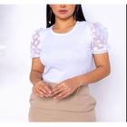Blusa feminina canelada gola rasa manga curta tule poa estilo fashion