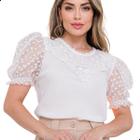 Blusa Feminina Evangélica Manga Tule Poa Com Renda Pérolas