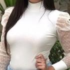 Blusa feminina gola alta canelada manga longa tule poa