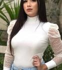Blusa feminina gola alta manga longa tule malha canelada