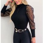 Blusa feminina malha canelada manga tule princesa longa gola alta