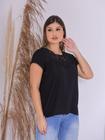 Blusa Feminina Manga Curta em Crepe Premium Renda Detalhes Únicos Com Decote em Renda