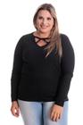 Blusa Feminina Manga Longa Ribana Canelada Vazado Abaixo Gola com Transpasse