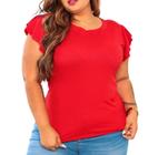 Blusa feminina modelo plus size manga curta dois babado malha canelada