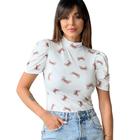 Blusa feminina no suplex gola alta e manga princesa estampa borboleta