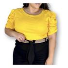 Blusa feminina plus size canelada gola rasa manga bufante drapeada elegante