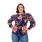 Blusa Feminina Plus Size de Manga Longa com Franzido Delicado nos Ombros, Amarração na Gola e Lastex nos Punhos