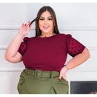 Blusa feminina plus size manga curta tule poá diversos gola rasa elegante
