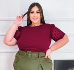 Blusa feminina plus size manga curta tule poá diversos gola rasa tendência feminina