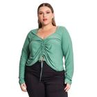 Blusa Feminina Rovitex Plus Size Manga Longa com Franzido Verde Claro