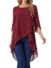 Blusa feminina Seta T, chiffon alto-baixo, manga 3/4, vinho tinto