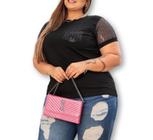 Blusa feminina T-shirt pluss size manga e bolso paetê