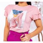 Blusa feminina t-shirt poá manga dois babados aplicação estampas diversas